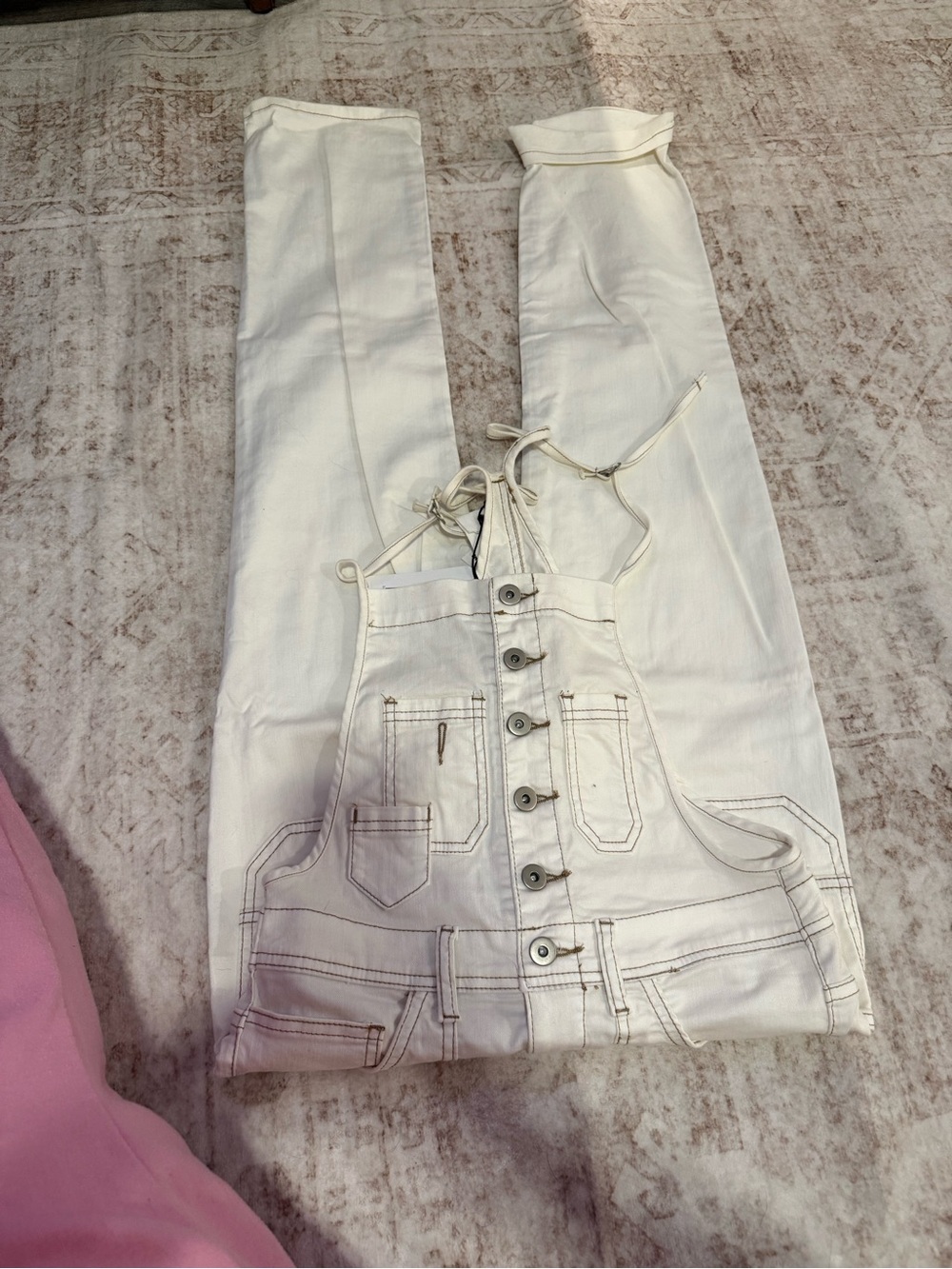Women’s White Denim Overalls Jeans - Casual Button-Front
